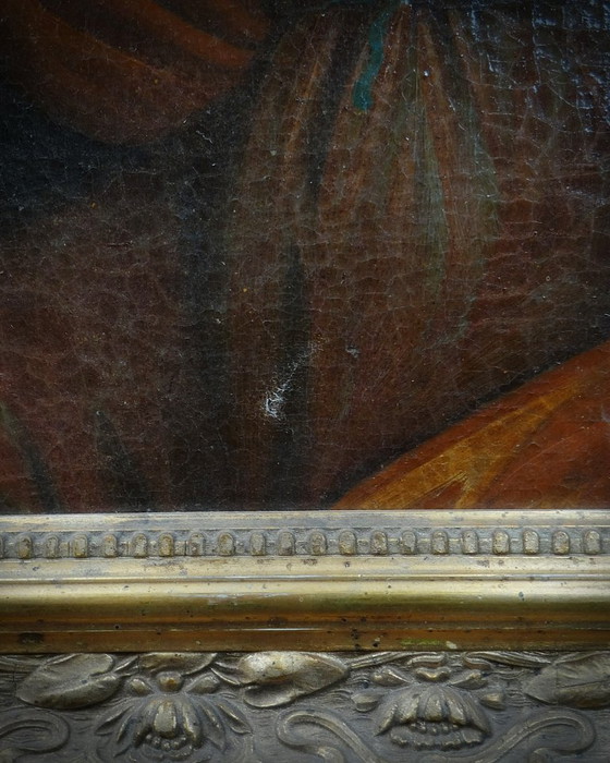 Image 1 of San Giuseppe con in mano un giglio, olio su tela scuola francese del XVIII secolo 51x48 cornice in legno dorato