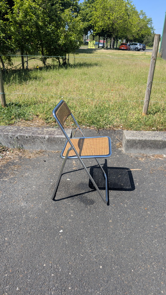 Image 1 of Chaise pliante cannée et acier chromé dans le goût de Castelli, Vintage