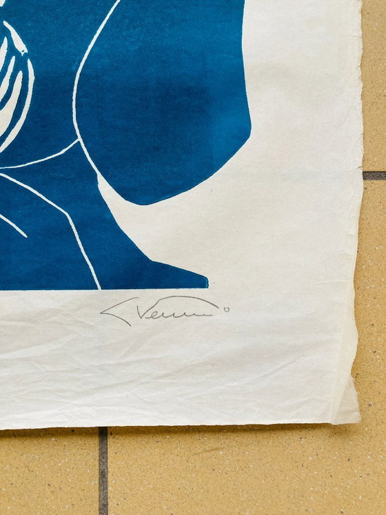 Image 1 of Libbe Venema - Linogravure vintage - Années 1970/80 - Bleu