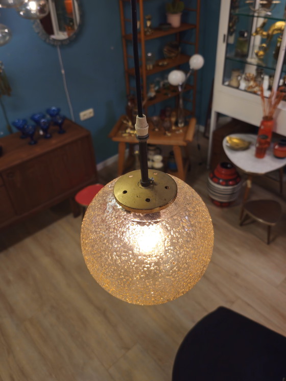 Image 1 of Vintage Hanglamp Glazen Bol Plafondlamp Lamp Messing 