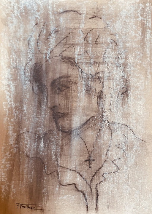 Tableau fusain signé portrait féminin 19eme