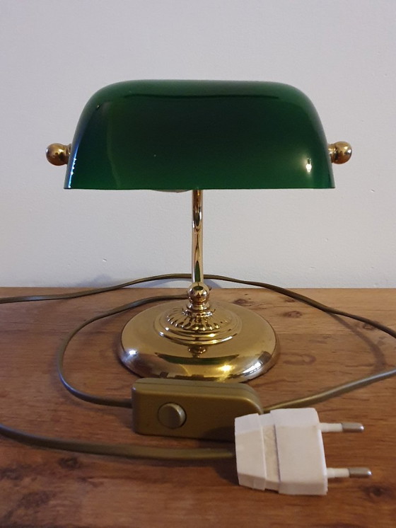 Image 1 of Lampada da notaio/banchiere in metallo dorato verde opalino
