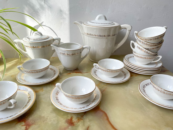 Image 1 of Set da tè/caffè vintage in porcellana bianca con motivo Madrid Moulin des Loups dorato