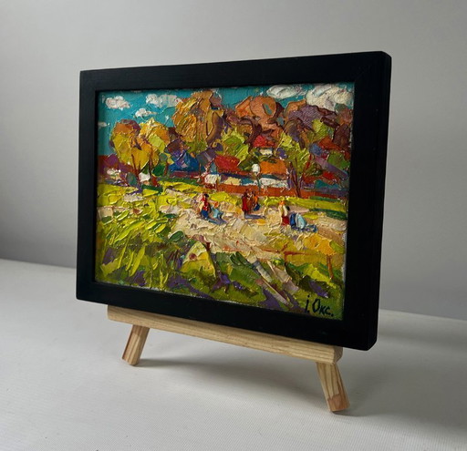Original Oil Painting Summer Village Landscape On The Pasture Silence