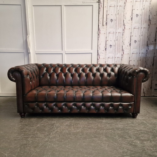 Chesterfield 3-seater + Armchair - Button Seat - Antique Brown