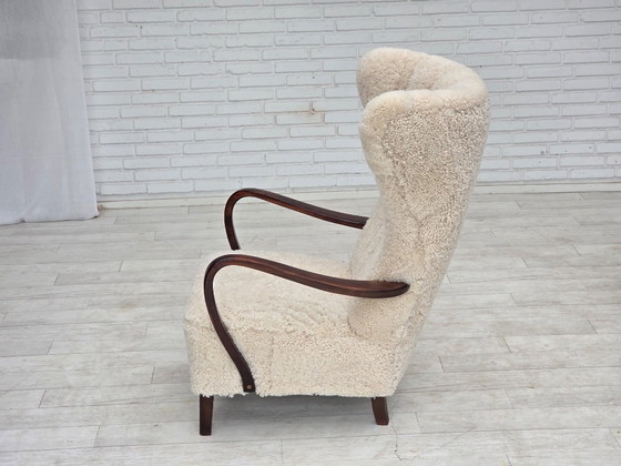 1960s, Danish high-back armchair, genuine sheepskin, reupholstered. – Wood (photo 6 of 22)