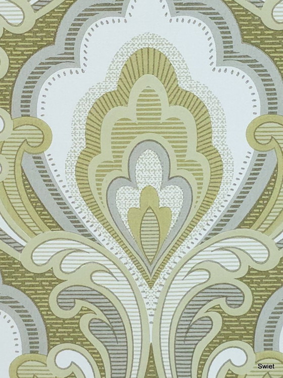 Image 1 of Papier peint baroque classique 14302, vert olive avec accents dorés