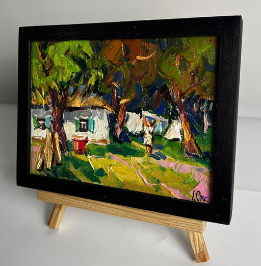 Origineel olieverfschilderij: Landelijk landschap, Huis, Het schoonmaken van de dorpstuin