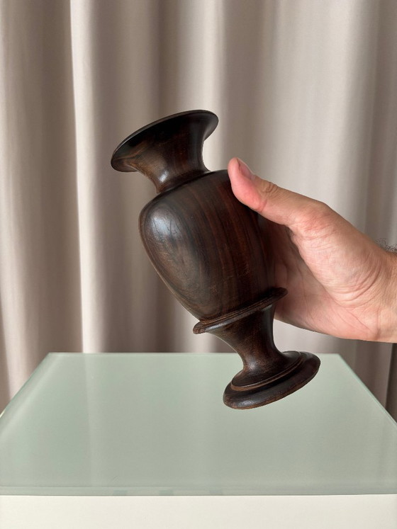 Vintage Sculptural Turned Wood Vase – Dark Hardwood – 20 cm – Artisan (photo 11 of 11)