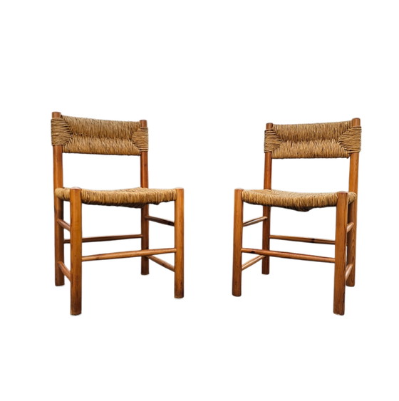 2 x pine wood woven reed dining chairs / France 1950s (photo 4 of 40)
