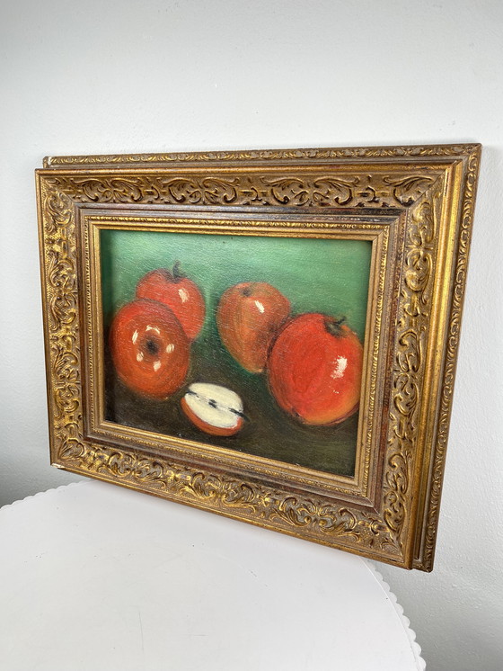 Image 1 of Antique Dutch Still Life Oil Painting with Gold Italian Style Frame – Red Apples on Green Background in Decorative Golden Frame