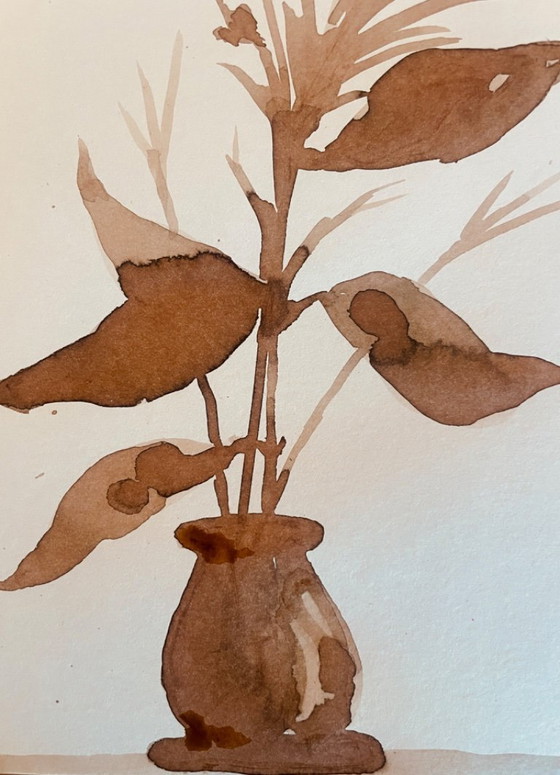 Image 1 of Painting, monochrome sepia still life "dried flowers", signed