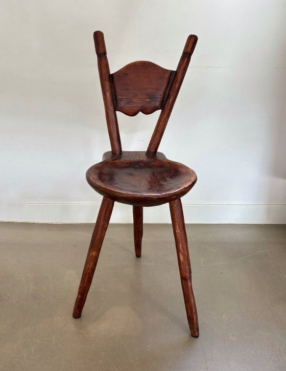 Image 1 of Antieke houten boerderij driepoot (bijzet)stoel, jaren 1900