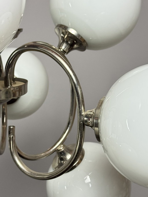 Mid-Century Italian Design  Atomic Sputnik Chandelier with Opaline Globes, Italy, 1960s