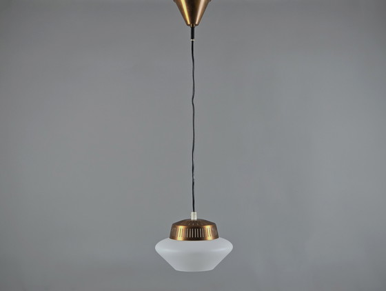 Image 1 of Rare 1950s Vintage Opal Arch Pendant Light By Svend Aage Holm‑Sørensen — Danish Mid-Century Modern Pendant Lamp.