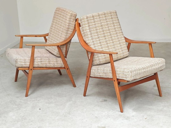 Paar Boomerang-Stil Sessel aus ecru-beigem Stoff, 1960er Jahre. – Wood, Scandinavian (photo 13 of 20)