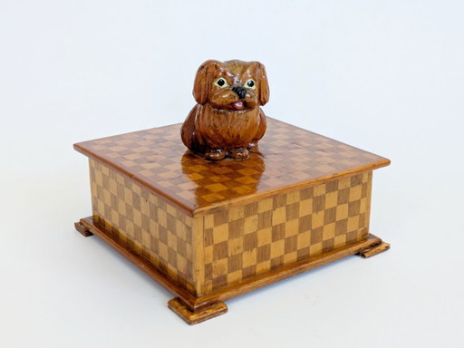 Midcentury Handmade Wooden Trinket Box, Dog Figurine Lid Checkered Pattern, Quirky Decor