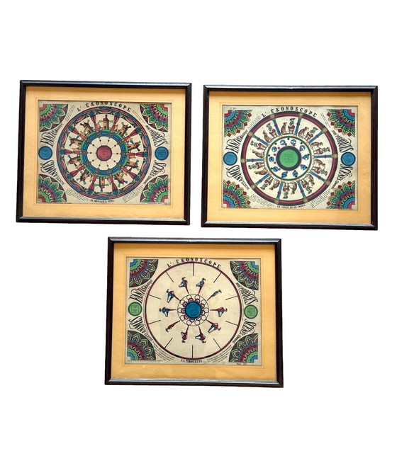 Image 1 of L'Ekonoscope, Set of 3 Framed Original Phenakistoscopes, France Epinal, XIX Cent.