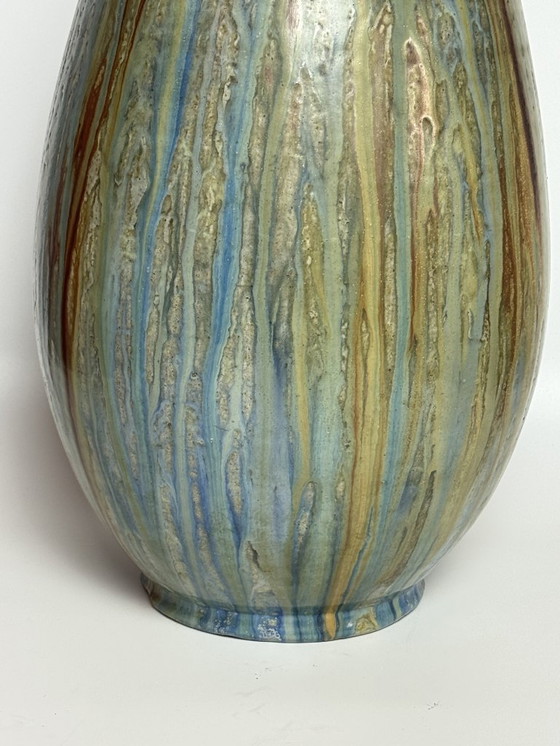 Image 1 of Large Exquisite Early Mid-Century Salt Glaze Stoneware Vase Signed by Guerin with small Neck, 1930s.