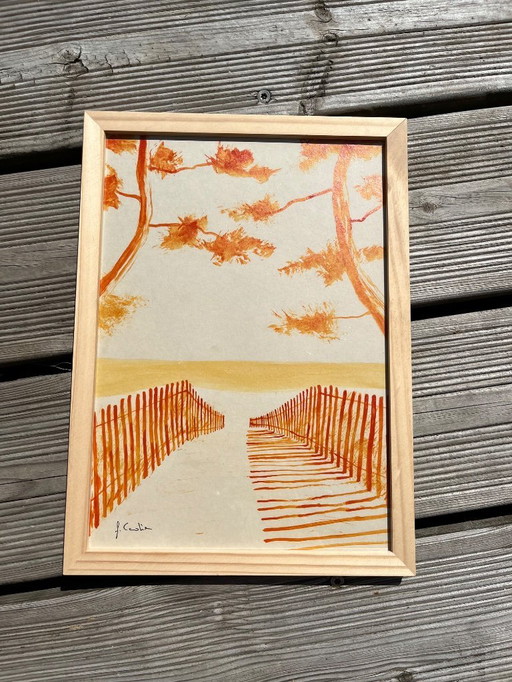 Encre de Chine orange sur papier naturel 250g.  Sujet : sainte-marine.  Format 30x21 cm. 