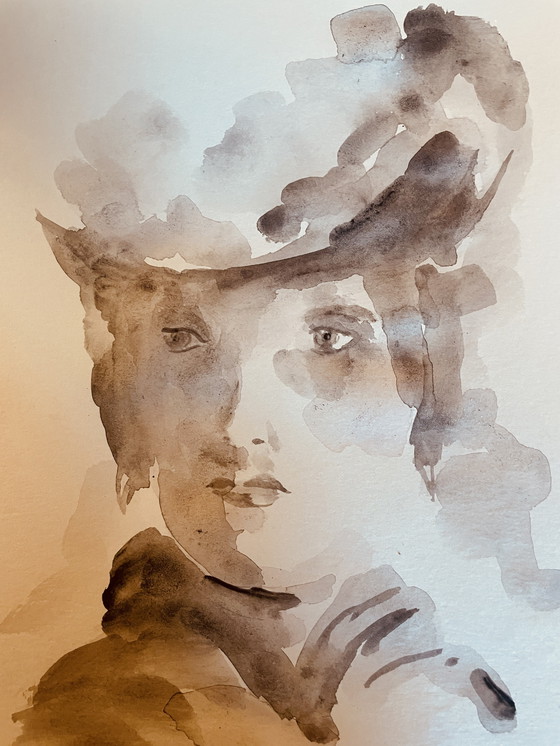 Image 1 of Pintura firmada en acuarela, monocromática, sepia, retrato femenino "Luz"