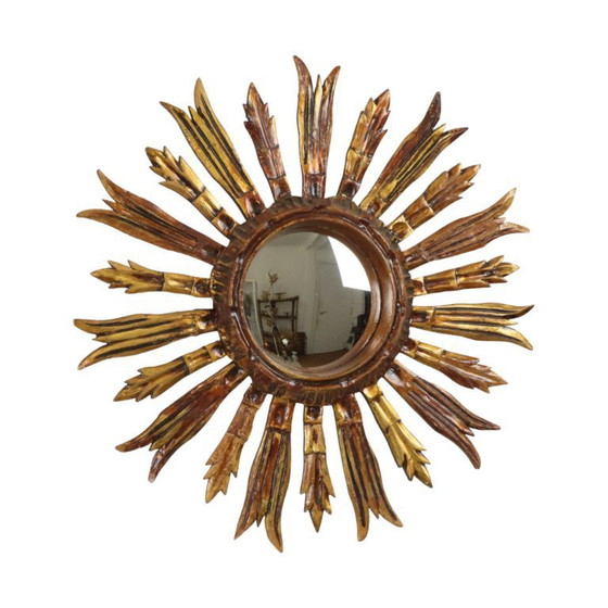 Image 1 of Vintage Wooden Sun Mirror Sunburst Gold Fifties 52cm