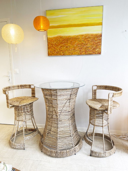 Bancone da giardino in rattan e vetro con due sgabelli - anni '70 – loungesets, Wicker