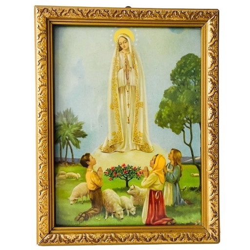 Lithographie religieuse vintage Marie avec trois petits enfants 1940s