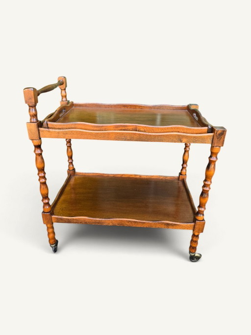 Vintage rolling serving cart in turned wood with removable tray – serveerwagens, Brass (photo 2 of 5)