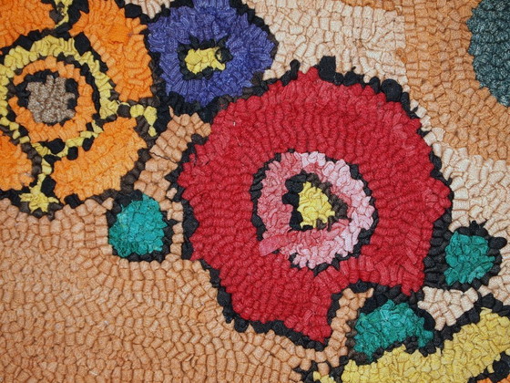 Image 1 of Vintage American Hooked Rug 2'x3' - 1930s Orange Floral