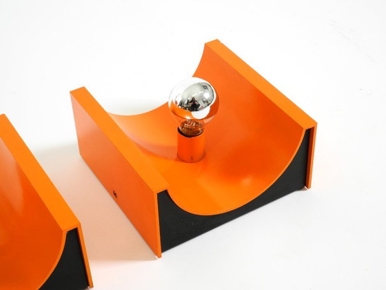 Image 1 of Pair of rare original 1960s Space Age metal wall lamps by Klaus Hempel for Kaiser Leuchten in orange