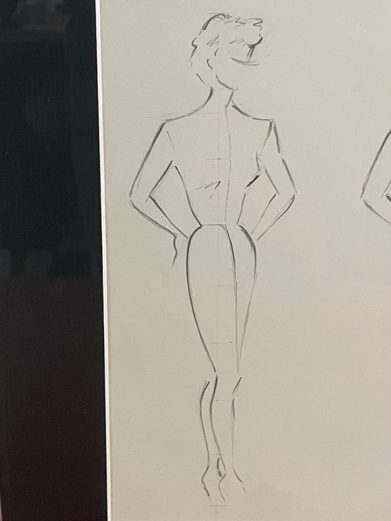 Image 1 of Schizzi a matita vintage, firmati e incorniciati, di Berthe Duquaine, del 1951.