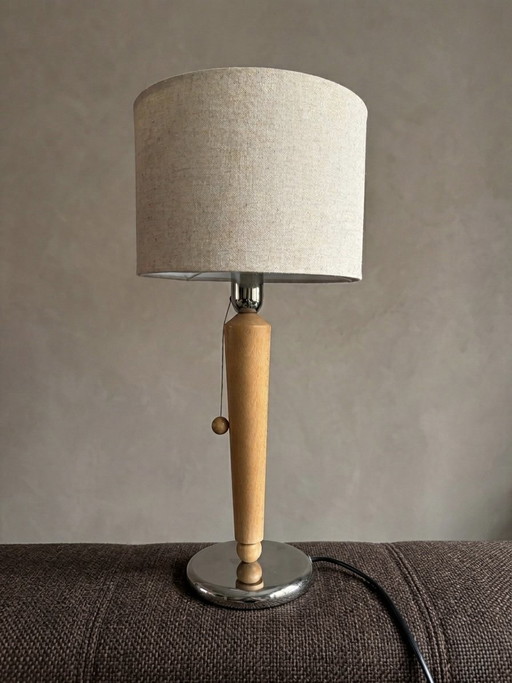 Vintage lamp with wooden and chrome base and fabric shade