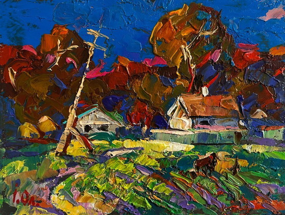 Image 1 of Original Oil Painting Evening Houses Landscape Autumn has come to the village