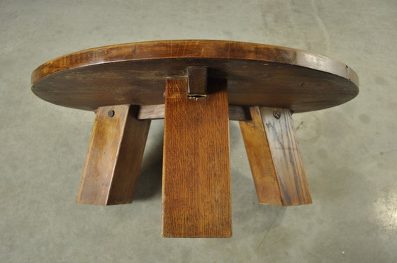 Image 1 of Brutalist Massive Oak Round Coffee Table 1970s