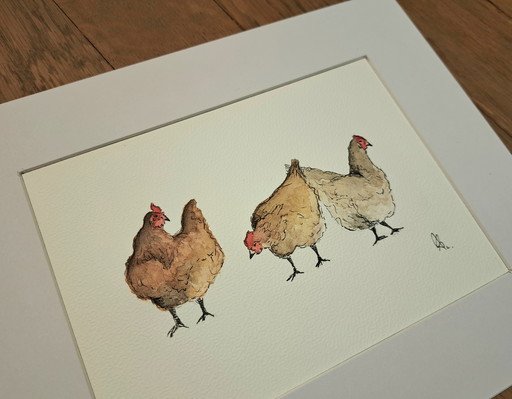Watercolor painting chickens original | With frame