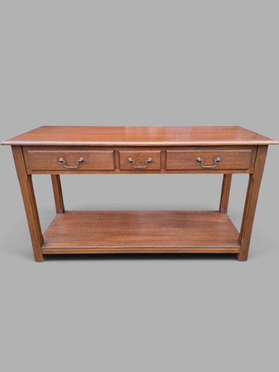 Tavolino in rovere classico, tavolo a muro, console, dimensioni 127x44cm e 71cm di altezza., Metallo, Legno (foto 4 di 6)