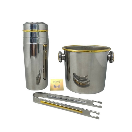 Image 1 of Splendido shaker per cocktail degli anni &#39;70 in oro 24 carati e acciaio inossidabile con secchiello per il ghiaccio di Mepra