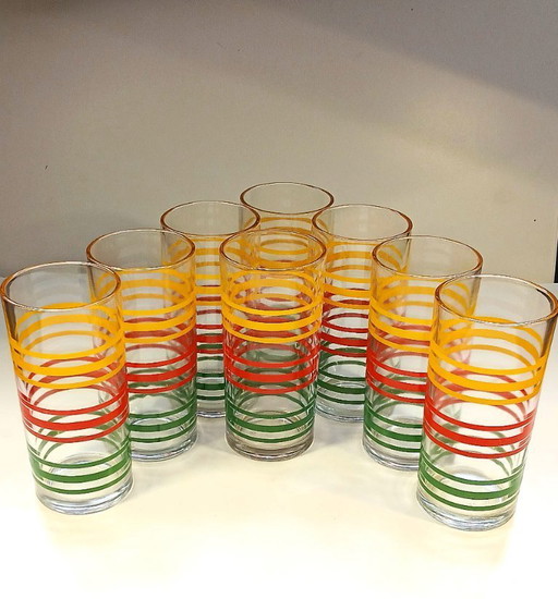 (W006) Lot de 8 verres à rayures Libbey Fiesta Mambo vintage – Splendeur rétro des années 70