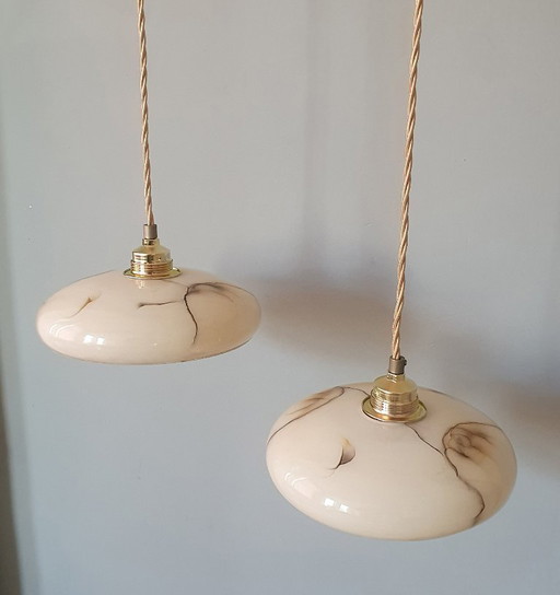 Set di lampade a sospensione vintage in opalino marmorizzato (chiamato anche effetto tartaruga)
