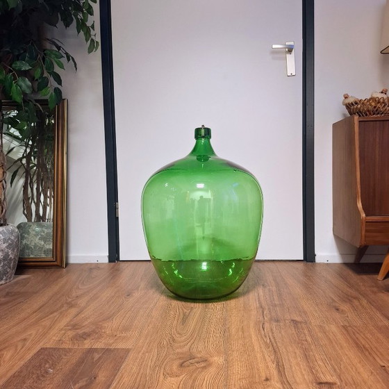 Image 1 of Vintage Emerald Green Glass Fermentation Bottle or Floor Vase 'Dame Jeanne'