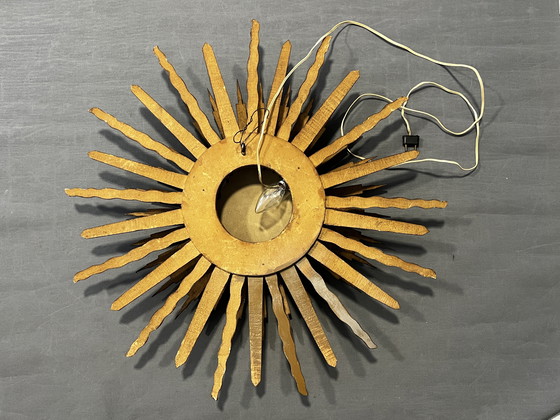 Image 1 of Espejo de sol de madera de doble cara con espejo convexo y lámpara, años 60. Montado en la pared.
