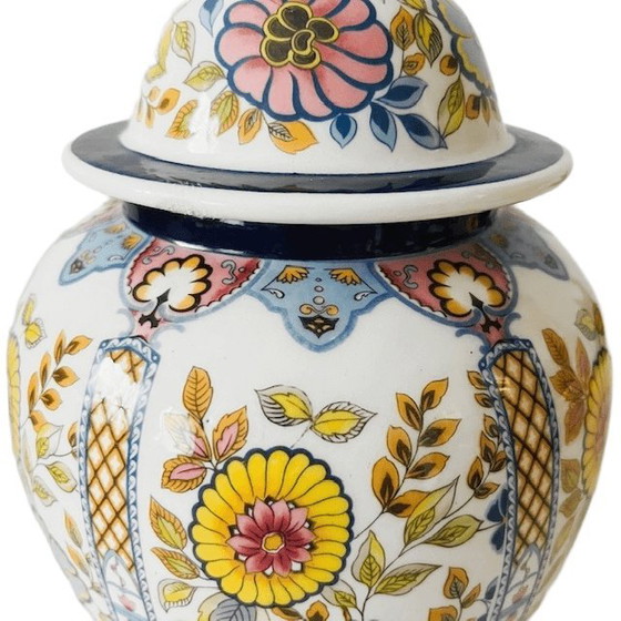 Image 1 of Vintage Italian Florentine lidded vase with colorful flowers, 1970s