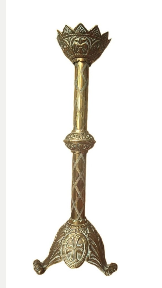 Prachtige Antieke Neogotische Kerkkandelaars – Decoratieve objecten, Brass, Bronze (photo 3 of 7)