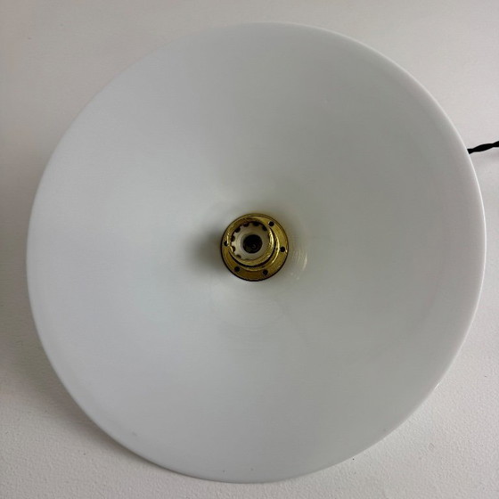 VINTAGE CONICAL OPALINE PENDANT LAMP, Metal, Brass, White (photo 6 of 8)