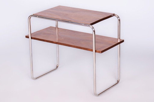 Table d'appoint Bauhaus restaurée, noyer, acier chromé, polonaise, tchèque, années 1930 – bijzettafels, Metal, Wood