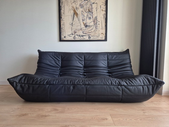 Image 1 of Michel Ducaroy for Ligne Roset Black Leather Togo Sofa and pouf, Set of 2