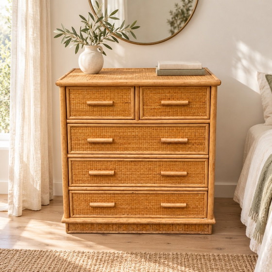 Vintage Woven Rattan Cane Chest of Drawers with Five Drawers - Bohemian Style, Brown (photo 9 of 9)
