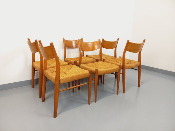 Image 1 of Suite de 6 chaises vintage italiennes en teck et corde danoise Gessef Consorzio Sedie Friuli