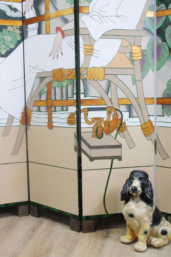 Large Art Deco style room screen. Wooden vintage room divider, Green (photo 7 of 15)